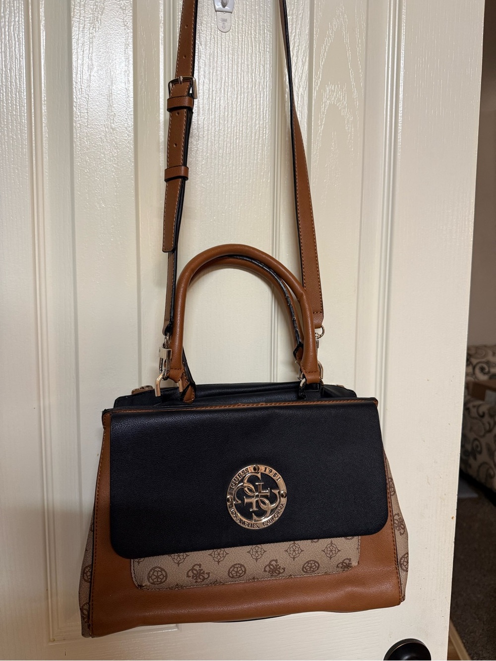 Guess Black and Brown Logo-Accent Top-Handle Satchel